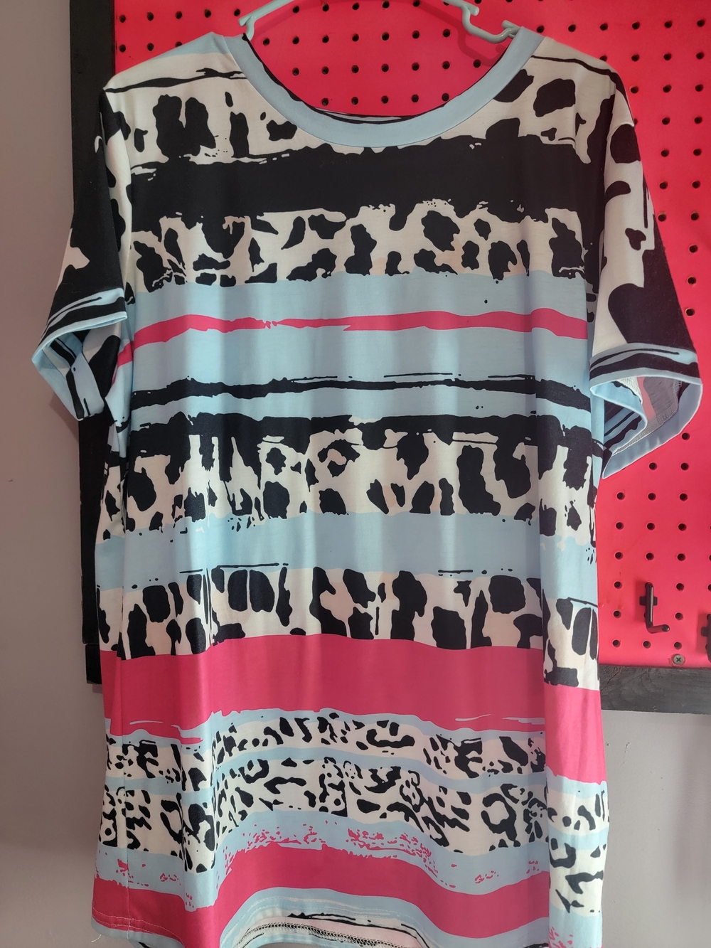 Women's Striped Animal-Print Short Sleeve Top - Pink, Light Blue & Black